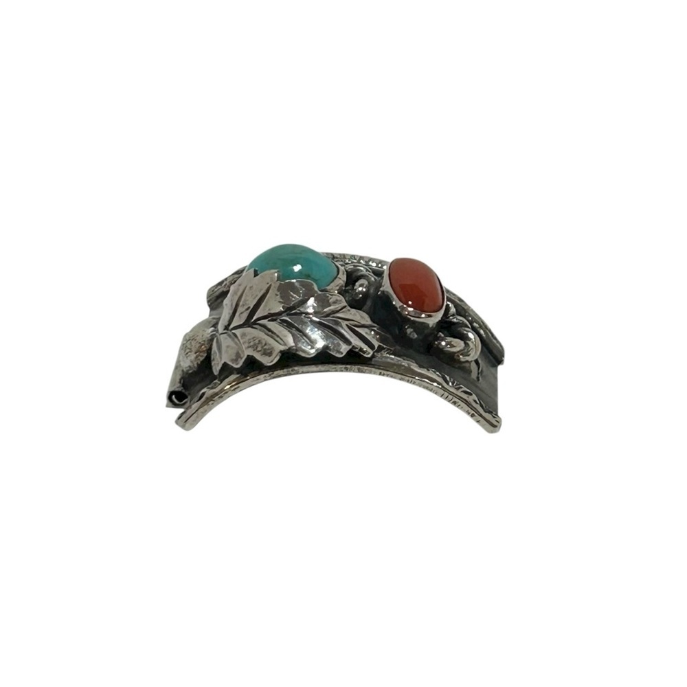 VINTAGE Native American Indian Sterling Silver piece Turquoise Coral Leaf - Picture 7 of 12